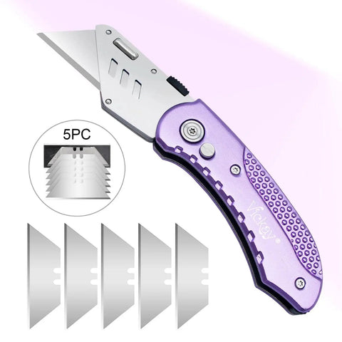 Folding Utility Knife With Quick Change SK5 Blades Axis Lock Aluminum Handle, purple with five spare blades shown