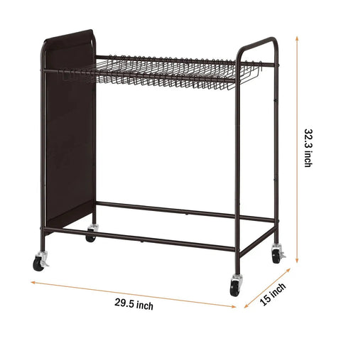Four Wheel Pants Rack With 30 Hangers And Built In Oxford Bag For Small Items, side view, showing dimensions and bronze finish