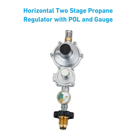Durable Horizontal Two Stage Propane Regulator with Gauge and Ten Foot Hose, visible with POL connection and pressure gauge.