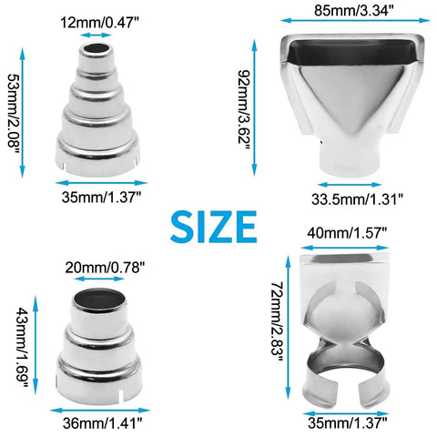 Four Pcs Heat Gun Nozzle Kit Pro Grade Stainless Steel Reflector Nozzle Curved Nozzle And Round Nozzles Three-Layer And Five-Layer For Hot Air Gun Soldering Station Replacement Must Have DIYer Gear shown with dimensions