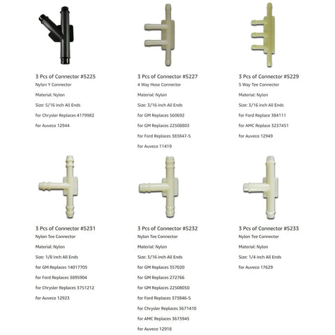 Assorted Vacuum Line Hose Connector Kit 18 Pcs by Woodzdon Y 4 Way 5 Way Nylon Tee and T Connectors image with product details.