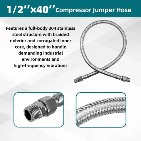 40 Inch Half Inch NPT Compressor Jumper Hose With Stainless Steel Braided Flex 304 Stainless Exterior 750F High Temp 450 PSI