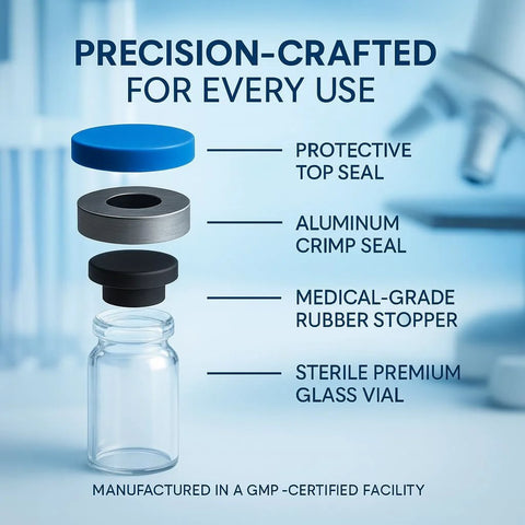 Amazon BISS 25 ml premium glass vial with blue protective top seal, aluminum crimp seal, and medical-grade rubber stopper