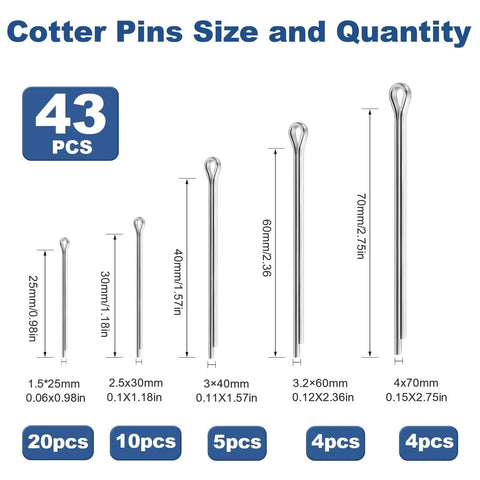 43-piece collection of stainless steel cotter pins, showing sizes for hitch pin lock systems, lawn mowers, and tractors.