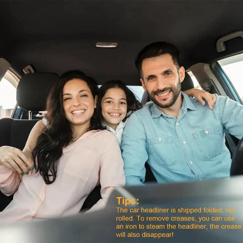 Family sitting in car with visible suede headliner fabric for auto roof replacement, 54x60 inches, highlighting tips for use.