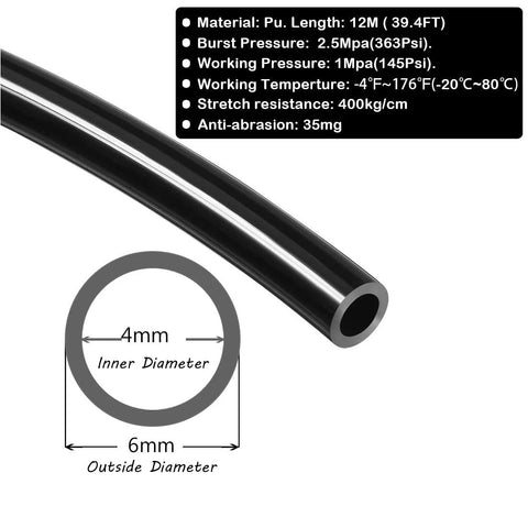 Beduan black PU pneumatic tubing, outer 6mm diameter, inner 4mm diameter, 12 m length