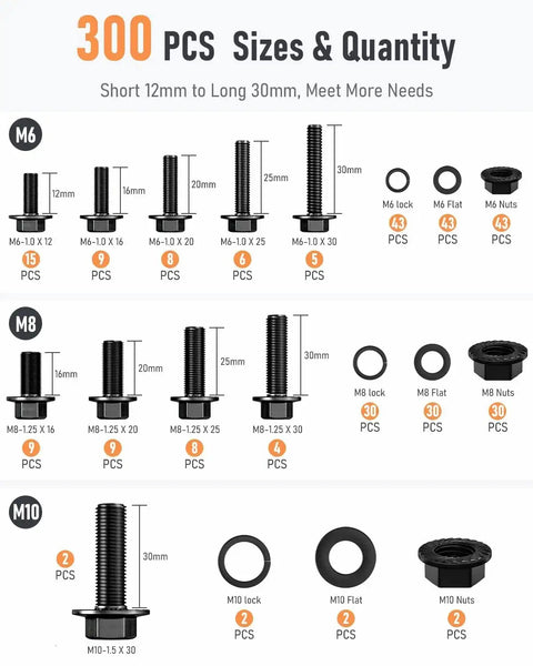 Black Metric Flange Bolt Assortment Kit With Nuts And Washers, M6x1.0 M8x1.25 M10x1.5, 12 To 30mm Lengths, 300-Piece