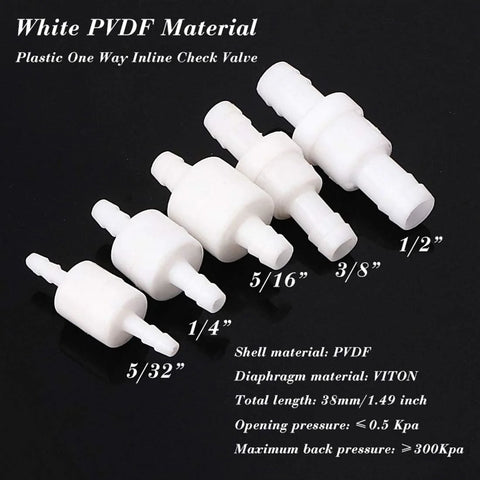 Five white PVDF inline check valves with hose barb fittings in sizes 5/32 in, 1/4 in, 5/16 in, 3/8 in, and 1/2 in.