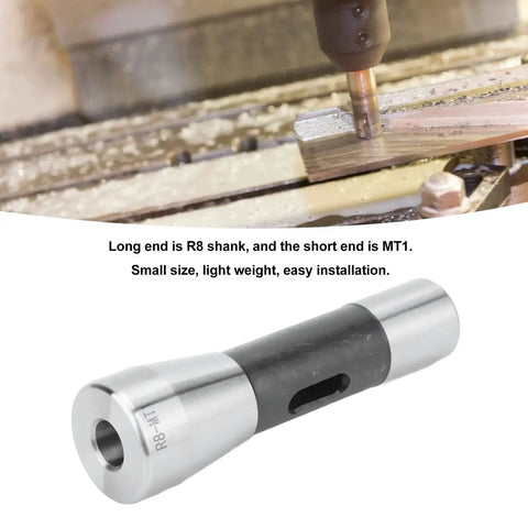 R8 to MT1 Morse taper drill sleeve adapter; alloy steel with silver ends and black midsection (side view)