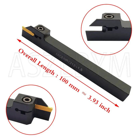 Lathe Grooving Tool Holder Kit With 12mm Shank MGEHR1212-1.5 And 11 MGMN150-G Carbide Inserts, dimensions displayed