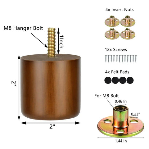 2 Inch Wood Furniture Feet Set Of 4 With Pre Drilled M8 Bolts Not Adjustable Short Solid Hardwood Replacement Legs For Ottoman Dresser Chair Modern Minimalist Column Style Easy To Install showing wood leg and hardware