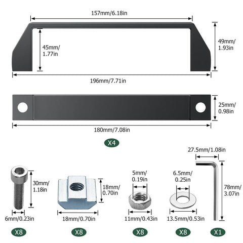 Technical diagram of 4 Pack 4040 Aluminum Rectangular Pull Handles with 180mm Hole Distance Black, showing dimensions and components.