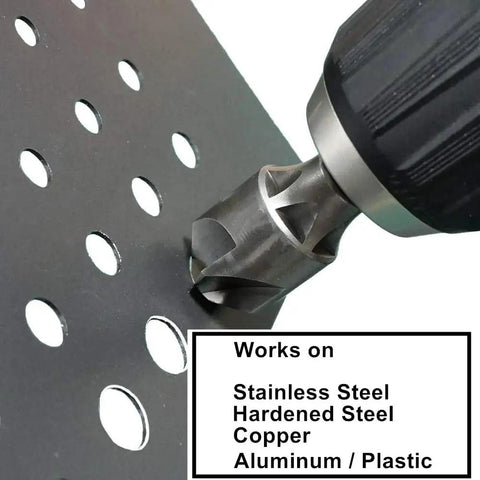 Five Flute Metal Countersink Drill Bit 87 Degree With One Quarter Inch Hex Shank For Three To Nineteen Millimeter Holes Burr Removal Deburring Beveling Chamfer Tool For Pipes And Metalwork By CONQUER Tools in use on metal surface.