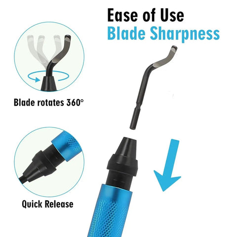 Deburring Tool Set for 3D Printing and Plastic Models with 18 Piece Blade Pack, showing blade rotation and quick release features.