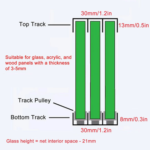 Diagram of Beefed-Up Three Track Sliding Door Rail System With Six Pulleys For Wardrobe Closet And Display Cabinet in green.