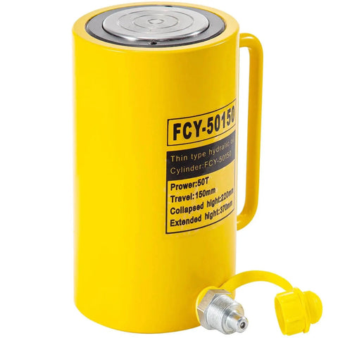 Front view of 50T Hydraulic Cylinder Jack With 6 Inch Stroke For Bending And Lifting On Trucks, yellow color with label details.