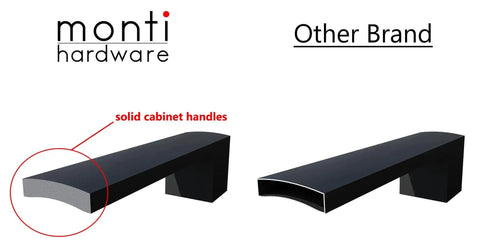 Comparison of 15 Pack Flat Black 10 Inch Hole Center Solid Metal Cabinet Handles highlighting the thickness and design differences.