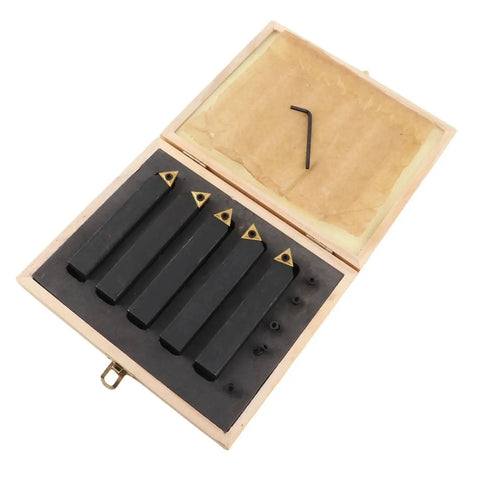 Five-Piece Carbide Turning Tool Set With Three-Quarter Inch Indexable Turning Tools And 60 Degree 75 Degree And 90 Degree Inserts in box
