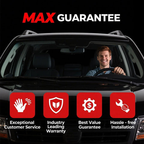 Driver smiling behind the wheel of a car with MAX guarantee icons below for customer service, warranty, value, and installation.