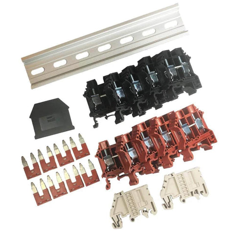 10 Gang DIN Rail Terminal Block Assembly Kit With Jumpers Red And Black For Solar And Power Distribution Pro Grade Installer Friendly UL 600V Rating UL 60A Rating 6 20 AWG Made In USA