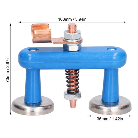Pro Grade Magnetic Welding Support Clamp With Progressive Spring For Easy Attachment To Smooth Metal Surfaces Aluminum Alloy Copper Magnet Fixture Adjustable Ground Clamp Tool In Blue The Ultimate Welding Helper For Stable Fittings, front view.