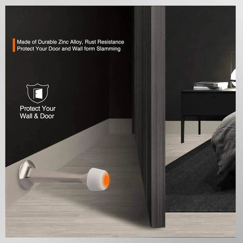 2 Pack Solid Rigid Door Stops With Soft Rubber Tips Wall Protector Satin Nickel installed on wall