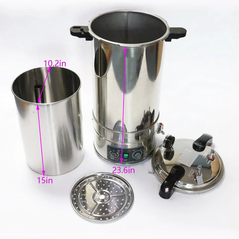 24L stainless steel lab autoclave with control panel and detachable lid, includes perforated sterilization tray.