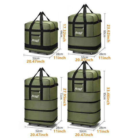 Expandable Extra Large Travel Duffel Bag With Six Wheel Spinner shown in four expanded sizes, waterproof Oxford fabric, green color.