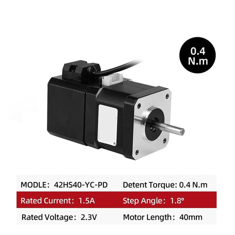Stepper motor 42HS40-YC-PD, black body with silver front plate, 40 mm length, 4-lead cable, 0.4 N·m detent torque