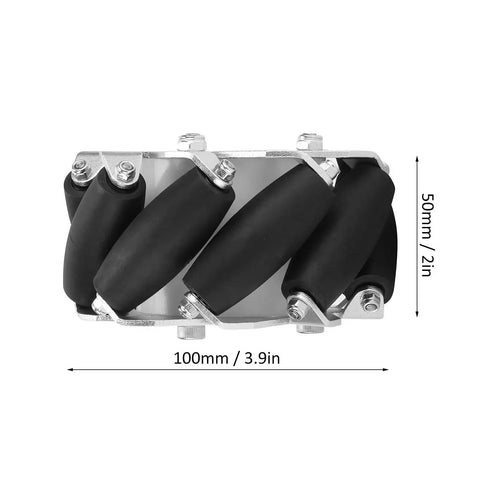 Omni Directional Mecanum Wheel Set For RC Robots, close-up of a 100mm steel wheel, showcasing rubber rollers and aluminum frame.