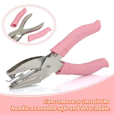 Close-up of Five Piece Handheld Paper Punch Set with pink plastic handle, metal tag punches for DIY craft tags.