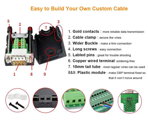 DB9 RS232 Breakout Connector Solderless Serial Adapter With Female DB9 Screw Terminal Module, case open showing labeled pins