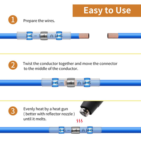 Solder-seal heat-shrink butt connector kit, 350 pieces; blue and gray connectors on blue wire, marine wiring illustration
