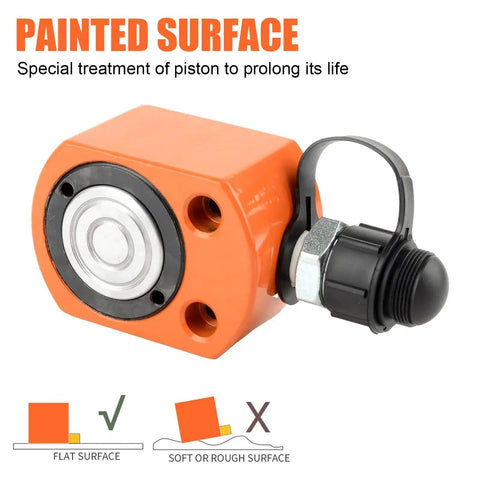 Close-up of 20 Ton Hydraulic Ram Jack With Single Acting Cylinder Porta Power Kit Lifting, showing orange painted surface and piston
