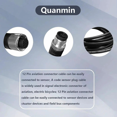 Close-up of M12 12 Pin A Code Connector Cable Male To Female IP67 Waterproof Industrial Extension Wire for Sensors and Actuators