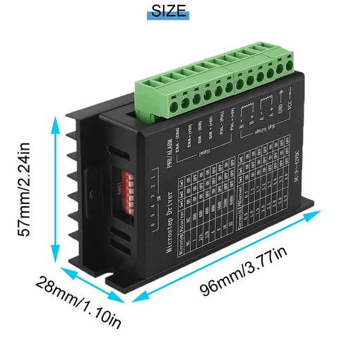 Side view of 2 Pack TB6600 Stepper Motor Driver Controller for CNC Machines with dimensions 96mm x 57mm x 28mm
