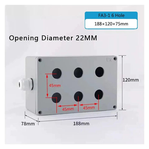 Side view of Rugged Push Button Switch Control Station Box 6 Hole 22mm Open Hole, IP67 Waterproof Cast Aluminum Explosion-Proof Junction Box for Industrial Electric Power Control, 188x120x75mm Built For Tough Environments With Secure Cable Entry showing dimensions and hole placement.
