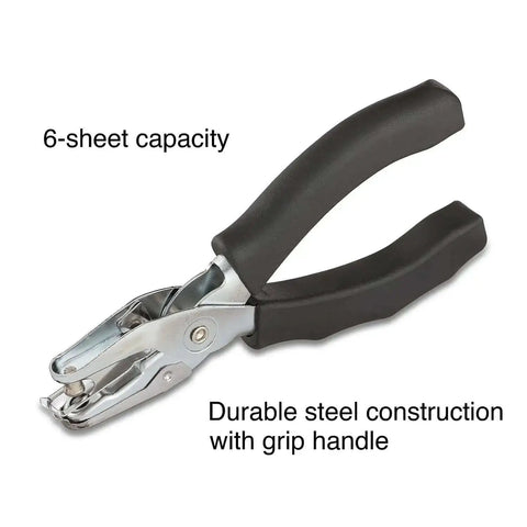 Handheld One Hole Punch delivers clean quarter inch holes with a five sheet capacity, durable nickel plated steel construction.