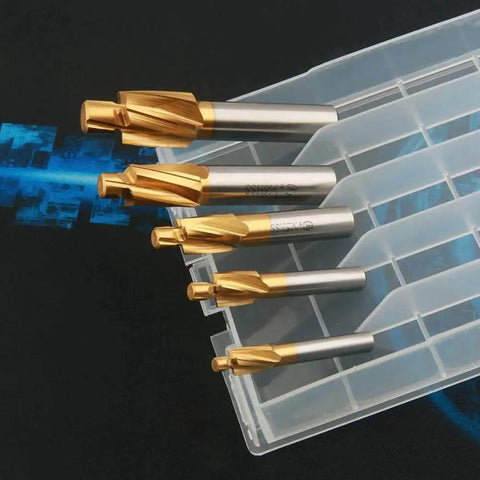 HSS M2 TiN Coated 5-Piece Counterbore End Mill Set For M3 To M8 Sizes, 4 Flutes, displayed in open clear plastic case