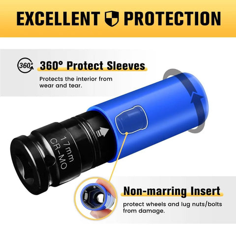 17mm Half Inch Drive Wheel Protector Impact Socket Set Non Marring Lug Nut Thin Wall Deep Sockets Chrome Molybdenum Steel 6 Point