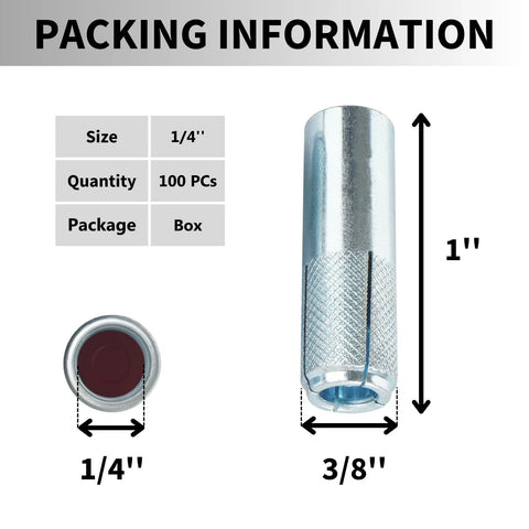 Diagram showing dimensions and packaging of Drop-In Anchors 1/4-20 Zinc-Plated For Concrete, 100 Pieces.