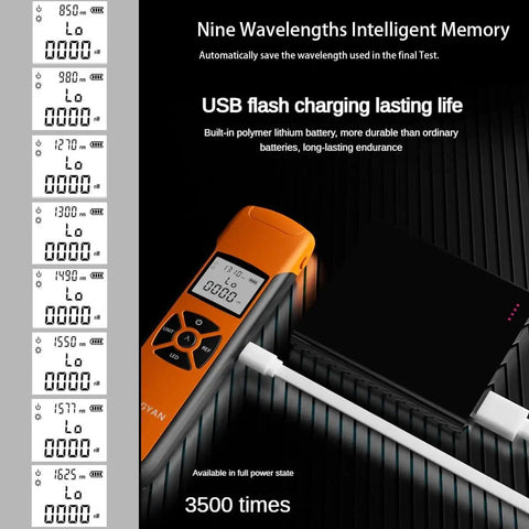 Dope Little Fiber Optic Power Meter And Cable Tester With Nine Calibrated Wavelengths and USB flash charging on dark surface