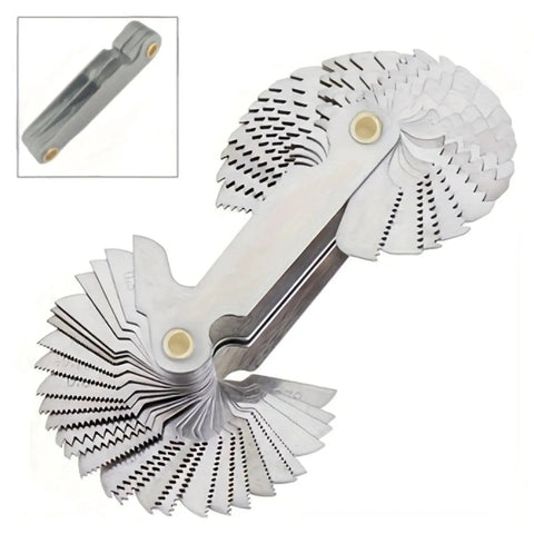 58 Piece Metric And Imperial Screw Thread Pitch Gauge Set For Accurate Readings showing stainless steel blades with scales
