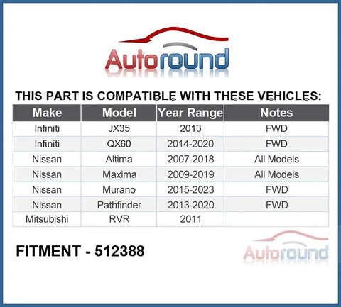 Compatibility chart for Rear Wheel Bearing Hub Assembly 512388 Fits Nissan Altima 07-18, Maxima 09-19, Murano 15-23, Infiniti QX60 14-20, JX35 2013, Mitsubishi RVR 2011, 5 Lug With ABS