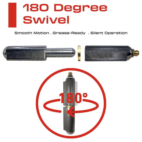 Beefy Heavy Duty Weld On Bullet Hinge For Gates And Doors, 4.25 Inch By.775 Inch Weldable Wing showing 180 degree swivel