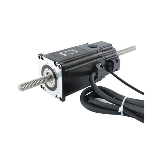 Front view of NEMA23 stepper motor with lead screw, black aluminum housing, silver mounting face, and attached cable.
