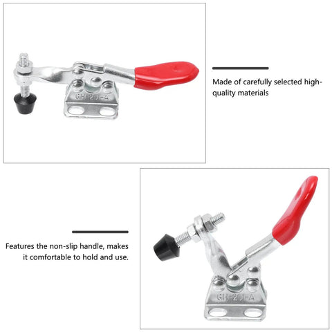 4 Piece Horizontal Toggle Clamp Set Fast Locking Clip With Straight Line Push Pull Action for woodworking shown in close-up