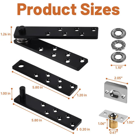 Hidden Pivot Hinge Kit For Secret Bookcase Doors With Smooth 360 Degree Rotation Heavy Duty Hardware Supports Up To 330 Lb Two Pack Black Stainless Steel components with dimensions.