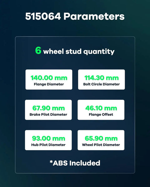 Specifications for Front Wheel Hub Assembly 515064 with ABS Sensor, featuring 6-lug dimensions and measurements.