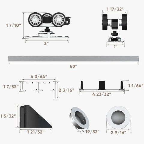 Aluminum Bypass Sliding Closet Door Hardware Set For Two Panels With Finger Pull 60 Inch Track Smooth Quiet Operation Fits Doors 1 3 Eighths Inch Or 1 3 Quarters Inch Thick Supports Up To 150 Lbs Per Panel Easy To Install.